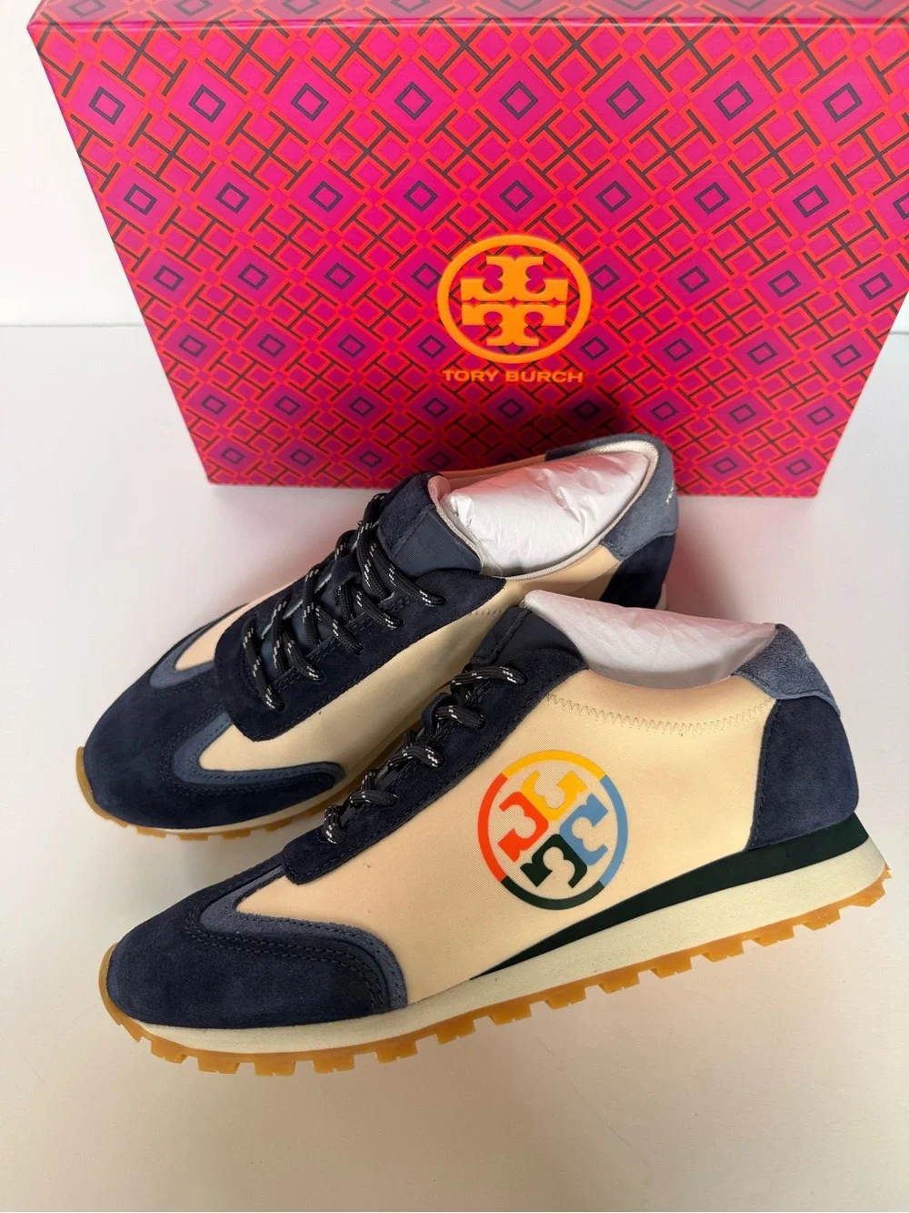 Tory Burch Annie Nylon Runner Sneakers New Cream Tempesta Blue Suede 7.5